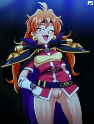 1girls absurd_res blush bottomless cape clothing female female_only gloves hand_on_hip headband lina_inverse long_hair looking_at_viewer no_panties oerba_yun_fang open_mouth orange_hair pumpkinsinclair pussy slayers smiling smiling_at_viewer solo wink winking_at_viewer