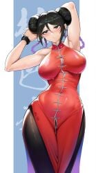 armpits arms_up big_breasts black_eyes black_hair black_legwear braided_hair braids china_dress chinese_clothes double_bun female female_only fully_clothed hourglass_figure isshou isshou_senkin kengan_(series) martial_arts_uniform moonface nipple_bulge pelvic_curtain solo star:_strike_it_rich stretching sweat wide_hips yuzuha_lee