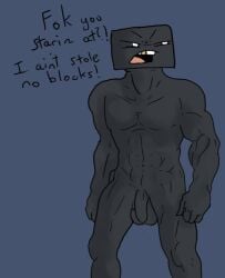 abs angry balls black_balls black_body black_foreskin black_penis black_skin black_text british_slang casual_nudity crisis_(artist) dialogue enderman flat_colors foreskin genitals gold_(metal) gold_tooth grey_background humanoid male male_only microsoft minecraft mojang muscular muscular_humanoid muscular_male navel nude nude_male penis profanity simple_background solo standing talking_to_another text tongue xbox_game_studios