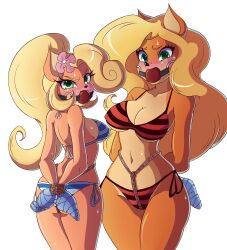 2girls anthro ball_gag blush blushing_at_viewer bondage boundlightning coco_bandicoot crash_(series) crotch_rope female female_focus female_only gag gagged humanoid looking_at_viewer tawna_bandicoot tied_up