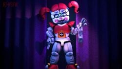 1girls 3d baby_(fnafsl) blue_eyes circus_baby circus_baby_(fnaf) circus_baby_(original) condom condom_wrapper female female_only five_nights_at_freddy's five_nights_at_freddy's:_sister_location full_color glowing_eyes hand_on_hip joeshownsfw no_panties on_model pussy red_hair robot robot_girl robot_humanoid solo solo_female tongue tongue_out twintails vagina