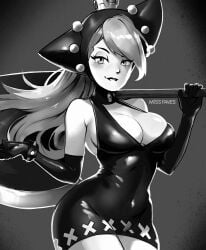 1girls artist_name axe big_breasts busty cleavage crown curvy gloves long_gloves mario_(series) mario_tennis missfaves monochrome nintendo short_dress spiked_bracelet spikes tight_clothing tight_dress wapeach