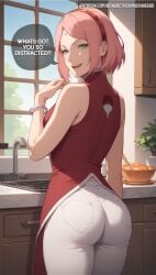 1girls ai_generated ass ass_focus back_view bewaretheaimachinegod big_ass boruto:_naruto_next_generations bracelet breasts cheating cheating_wife china_dress chinese_clothes clothed_female clothing dress english_text female female_focus from_behind green_eyes huge_ass kitchen light-skinned_female light_skin long_dress long_hair looking_at_viewer looking_back mature mature_female milf naruto naruto_(series) naughty naughty_face naughty_smile netorare ntr presenting presenting_ass presenting_hindquarters rear_view red_dress sakura_haruno sleeveless sleeveless_dress solo speech_bubble talking talking_to_another talking_to_partner tease teasing text uchiha_symbol url viewed_from_behind watermark web_address