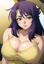 ai_generated breasts breasts_out breasts_out_of_clothes cleavage clothing dress eyebrows eyelashes female female_focus female_only green_eyes huge_breasts indoors kangoku_senkan large_breasts lieri_bishop light-skinned_female light_skin lilith-soft lips lipstick looking_at_viewer milf parted_lips purple_hair rieri_bishop shiny_skin smile smiling smiling_at_viewer stable_diffusion sundress taimanin_(series) voluptuous voluptuous_female wife