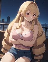 1female 1girls ai_generated bangs big_breasts blonde_hair breasts commentary_request crossed_arms drill_hair elf elf_ears elf_female elf_girl elinalise_dragonroad english_commentary female female_only hi_res highres light-skinned_female light_skin milf mushoku_tensei red_eyes shirt solo solo_focus very_high_resolution very_long_hair very_long_hair_female