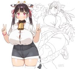 big_breasts chubby chubby_female conto cow_ears cow_horns cowbell large_breasts line_art looking_at_viewer minishorts multiple_views pink_eyes riki_rakugaki simple_background twintails