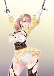 1girls arms_up ass_visible_through_thighs blue_panties bondage bound breasts brown_hair bruise_on_chest bruise_on_leg chained_wrists co_(uniform) commentary commission english_commentary female female female_only femsub fire_emblem fire_emblem_engage gloves goldmary_(fire_emblem) large_breasts looking_at_viewer nintendo open_mouth panties restrained scar skeb_commission solo torn_clothes underwear white_gloves