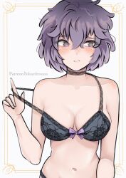 1girls artist_name bernadetta_von_varley black_bra black_panties blush bra breasts choker cleavage clothes_pull collarbone female female_only fire_emblem fire_emblem:_three_houses grey_eyes highres looking_to_the_side medium_breasts mourderousx navel nintendo off_shoulder open_mouth panties purple_hair short_hair simple_background solo teenage_girl teenager underwear underwear_only undressing upper_body