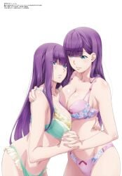 bare_arms bare_belly bare_legs bare_shoulders bare_thighs belly_button big_breasts blue_eyes bra breasts clone clonecest green_underwear hand_on_shoulder holding_hands long_hair megami_magazine official_art open_mouth panties pink_underwear purple_hair shuumatsu_no_harem smile suou_mira tachibana_elisa thighs underwear