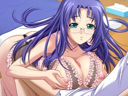 black_rainbow blue_eyes blue_hair breasts censored game_cg gitai_saimin large_breasts long_hair yasaka_hitomi