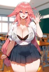 1boy 1girls ai_generated animal_ears big_breasts big_thighs bra bra_cups_sticking_out button_down_shirt classroom female female_focus female_only genshin_impact heart hearts_around_head hi_res lace lace_trim large_breasts large_thighs lingerie long_hair male miyuai nai_diffusion pink_eyes pink_hair pleated_skirt school skirt solo solo_female solo_focus stable_diffusion teacher thiccwithaq_(ai_style) thick thick_ass thick_hips thick_legs thick_thighs thighs waving white_shirt wide_hips yae_miko