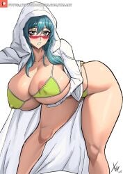 1girls alternate_breast_size big_breasts bikini bleach blue_hair breasts breasts_bigger_than_head female female_only huge_breasts large_breasts nelliel_tu_odelschwanck robe self_upload thick_thighs white_robe xhaart