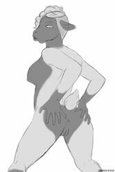 ! 2014 anthro anus ass breasts caprine clothing eyebrows female grey_eyes hair legwear looking_back mammal nipples presenting presenting_anus presenting_hindquarters presenting_pussy pussy raised_tail sheep simple_background sketch solo stockings umbra-b3ar watermark white_background white_hair white_sclera