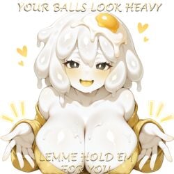 big_breasts black_eyes blush close-up covered_nipples egg egg_(lemyawn) food_creature hearts knightnyan long_sleeves meme open_mouth short_hair slime sweater text white_hair white_pupils white_skin