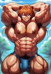 1boy abs ai_generated ambush_(trap) armpit_hair asuka_langley_sohryu bulge chest_hair extreme_muscles genderswap_(ftm) hairy_armpits hairy_arms hairy_chest male male_only muscular muscular_male neon_genesis_evangelion rule_63 sewoh solo