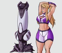 arms_up blue_lips blue_lipstick crop_top dildo huge_dildo knotted_dildo metroid metroid_prime nintendo phazon_slut samus_aran shorts stretching zero_suit_samus