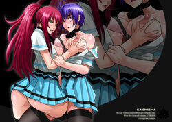 2girls blue_hair female green_eyes long_hair multiple_females nipples oreteki original red_hair saliva school_uniform short_hair skirt tongue yuri