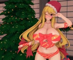 1girls big_breasts blonde_hair breasts christmas_tree hat partially_nude purple_eyes santa_hat sole_female touhou touhou_weird_storage visible_nipples yokai youkai yukari_yakumo