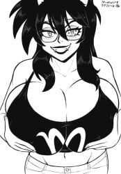 1girls big_breasts clothed clothed_female female female_focus female_only glasses holding_breast homestuck horns huge_breasts mindwipe ms_paint_adventures sharp_teeth smirking troll vriska_serket