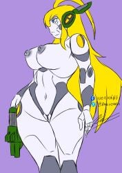 big_breasts casual cave_story confident creatork curly_brace female firearm gynoid handgun nipples robot robot_girl thick_thighs thighs weapon