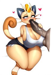 <3 absurd_res ai_generated anthro balls big_breasts big_penis blush bottomwear breasts cleavage clothed clothing curvy_figure cute_fangs duo erection faceless_character faceless_male felid female generation_1_pokemon genitals hellsonger hi_res huge_breasts interspecies licking male male/female mammal meowth nintendo oral penile penis penis_on_face pokemon pokemon_(species) sex shirt short_stack shorts simple_background solo_focus thick_thighs tongue tongue_out vein voluptuous white_background wide_hips