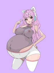 1girls blush breasts brown_eyes cat_ears disco_kitten erect_nipples female fluffypillowbutts hand_on_hip headphones large_breasts nipples_visible_through_clothing peace_sign pink_hair popped_navel pregnant ready_to_pop real_person thighhighs