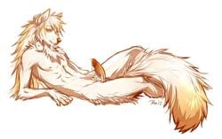 1boy 2012 anthro canine chest_tuft cum cum_drip dagger_leonelli dripping erection fur male male_only mammal nude orange_eyes penis reclining simple_background smile solo tuft white_background white_fur wolf