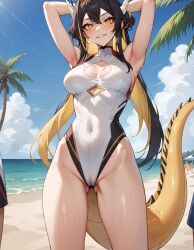 ai_generated beach big_breasts blush brown_hair e-sekai eel female female_only idol-en idol_corp juna_unagi one_piece_swimsuit summer sunny swimsuit swimwear virtual_youtuber vtuber white_skin yellow_eyes