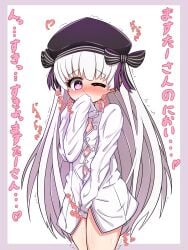 beret black_bow black_hat blush border bow collared_shirt commentary_request dress_shirt fate/extra fate_(series) female grey_hair hairbow hand_up hat heart heart-shaped_pupils highres long_hair long_sleeves masturbation naked_shirt nose_blush nursery_rhyme_(fate) one_eye_closed purple_border purple_eyes shirt simple_background sleeves_past_fingers sleeves_past_wrists solo striped_bow symbol-shaped_pupils translation_request trembling very_long_hair white_background yuya090602