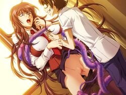 black_rainbow breasts brown_hair censored female game_cg gitai_saimin kasuga_reina large_breasts long_hair male purple_eyes sex straight tentacle