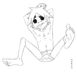 2d_(gorillaz) anus armpits arms_up artist_name ass backless_panties bulge bulge_through_clothing eyebrow_raise feet foot_focus gorillaz hairy harzu male male_focus male_only monochrome nipples sketch skinny source_removed spreading tongue_out