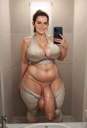 ai_generated balls bathroom big_balls big_breasts big_penis bra breasts brown_eyes brown_hair chubby chubby_belly chubby_futanari civitai flaccid foreskin futanari futazealot hanging_balls holding_phone huge_balls huge_cock light-skinned_futanari light_skin mirror_selfie pants_down penis penis_out revealing_clothes rey selfie smile star_wars thick_penis thick_thighs uncut veiny_penis wide_hips