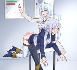 2girls 86_-eightysix- ass blue_eyes blue_hair blue_jacket breasts button_down_shirt chair crying crying_with_eyes_open henrietta_von_penrose high_heels jacket labcoat large_breasts long_hair over_the_knee over_the_knee_spanking panties panties_down pinkiri pinkiri_(jawking) punishment punishment_spanking shirt short_hair sitting_on_chair spanking tears thighhighs vladilena_millize white_hair white_panties white_shirt yuri