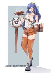 1girls better_version_at_source bird blue_eyes blue_hair blush breasts cleavage commission employee_uniform fehnix female female_only fire_emblem fire_emblem_awakening fire_emblem_heroes hair_between_eyes highres hooters long_hair looking_at_viewer lucina_(fire_emblem) nintendo owl short_shorts shorts simple_background smile solo tank_top tiara uniform vialnite