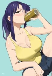 1girls beer_can big_breasts blush breasts brown_eyes busty can cleavage drink_can drinking female female_only highres large_breasts legs long_hair looking_at_viewer mature_female misato_katsuragi neon_genesis_evangelion purple_hair shirt shorts sleeveless sleeveless_shirt solo spread_legs squatting thighs