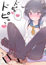 black_hair black_legwear blush censored covered_anus covered_nipples cum cum_on_body cum_on_lower_body dress ejaculation feet footjob highres kantai_collection kazuma_(kuwagatamushi) multicolored_hair no_bra no_panties pantyhose penis purple_eyes sailor_dress school_uniform see-through serafuku short_hair_with_long_locks sitting solo_focus straight toes tokitsukaze_(kantai_collection)