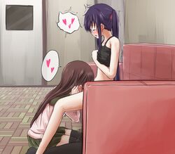 2girls 5tb bangs barefoot black_legwear blush brown_hair closed_eyes couch cowgirl_position cunnilingus door ear_blush ebisuzawa_kurumi female from_side gakkou_gurashi! green_skirt hair_down heart indoors licking long_hair multiple_girls no_panties no_shoes on_floor open_mouth oral pleated_skirt purple_hair school_uniform shirt_lift sitting skirt spread_legs thighhighs tied_hair tile_floor tiles twintails very_long_hair wakasa_yuuri yuri zettai_ryouiki