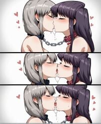 2girls ai_generated chains closed_eyes collar female_only french_kiss girls_only green_hair hair_between_eyes heart kissing komi-san_wa_komyushou_desu komi_shouko lesbian lesbian_kiss linked_collar long_hair milf notreallyhere older_woman_and_teenage_girl older_woman_and_younger_girl purple_hair saliva scrunchie side_view sidelocks simple_background swept_bangs tongue uzaki-chan_wa_asobitai! uzaki_tsuki yuri