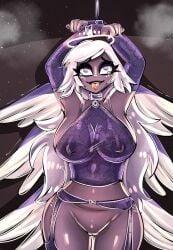 1girls angel_wings big_breasts bitterbunz breasts emily_(hazbin_hotel) fanart female hazbin_hotel long_hair open_mouth open_smile purple_body purple_skin pussy smile solo thick_thighs thighhighs thighs tongue_out