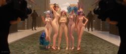 3d 5girls animal_ears animal_tail blue_eyes blue_hair breasts brown_eyes brown_hair bunny_ears camera detailed_background elf elf_ears embarrassed embarrassed_nude_female evie_(paladins) exhibitionism female female_only fox_ears fox_tail hi-rez_studios io_(paladins) jineisho kemonomimi kitsunemimi large_breasts light-skinned_female light_skin maeve_(paladins) medium_breasts nude nude_female outside paladins pink_hair public public_nudity purple_eyes purple_hair pussy rei_(paladins) silver_hair tail ying_(paladins)