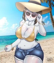 beach big_ass big_breasts big_thighs female furry furry_female hat jean_shorts jxzuke mochi_(jxzuke) original radiant_artist shorts sunglasses thighs