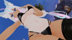 1girls animal_ears bikini black_bikini black_thighhighs breasts partially_clothed seanvr standing tan_body thighhighs underboob virtual_youtuber vrchat vtuber white_hair