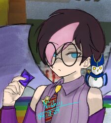 bird blockman_go blue_eyes holding_condom mad pink_clothing short_hair solo_female