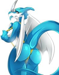 2016 anthro anus areola ass blue_nipples blue_scales blue_tongue breasts claws clothed clothing digimon dragon drooling exveemon female genderswap hi_res horn membranous_wings nipples pussy pussy_floss pussy_juice red_eyes saliva scales scalie sideboob simple_background suddenhack swimsuit tongue tongue_out white_background white_claws white_scales wings