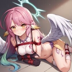 ai_generated angel angel_wings angry angry_face animal_ears bereft bird_ears bondage breasts compass_rose_halo crop_top feathered_wings feathers flugel gloves gradient_hair halo jibril_(no_game_no_life) laying_down library long_hair looking_at_viewer low_wings multicolored_hair no_game_no_life pink_hair restrained rope rope_bondage sideboob stable_diffusion symbol-shaped_pupils tattoo thighs tied_up white_wings wing_ears wings yellow_eyes