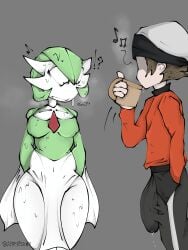 !? airfryer87 bulge bulge_down_leg bulge_through_clothing gardevoir panting pokémon_(species) pokemon pokemon_(species) precum_drip precum_through_clothing surprised surprised_expression sweat sweatdrop