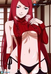 ai_generated big_breasts black_lingerie black_underwear curvy curvy_figure gray_eyes juanpi_amvs kushina_uzumaki long_hair milf naruto naruto_(series) naruto_shippuden patreon patreon_username red_hair red_top uzumaki_kushina watermark