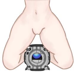 female kneeling legs light-skinned_female looking_up midriff no_visible_face portal_(series) portal_2 pussy robot spread_legs thighs wheatley white_background