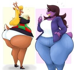 2girls anthro ass blonde_hair book breasts brown_fur brown_hair chalk chubby chubby_female cleavage deltarune female female_focus female_only furry hair_covering_eyes hair_over_eyes hips large_ass large_breasts nightmarebros noelle_holiday panties purple_body red_nose reindeer reindeer_antlers ridiculouscake skirt susie_(deltarune) thick_thighs underwear wide_hips