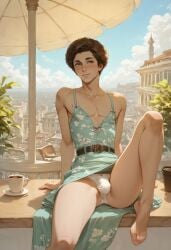 ai_generated boy brown_hair bthick_thighs bulge coffee crossdressing dress gay hazel_eyes inviting legs_up looking_at_viewer male panties panty_bulge sitting sundress tallcallipygian tcallipygian thighs vacation